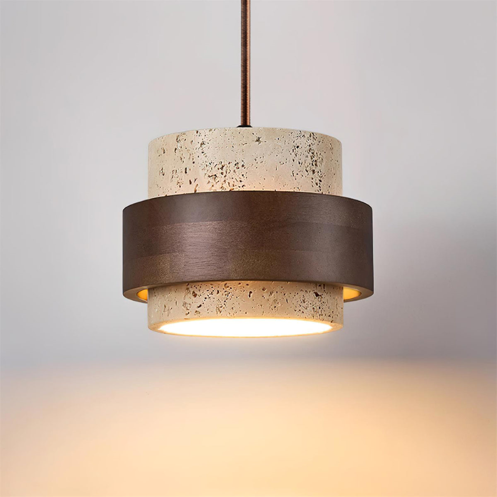 TerraLume – Lampadario Japandi in Travertino e Noce