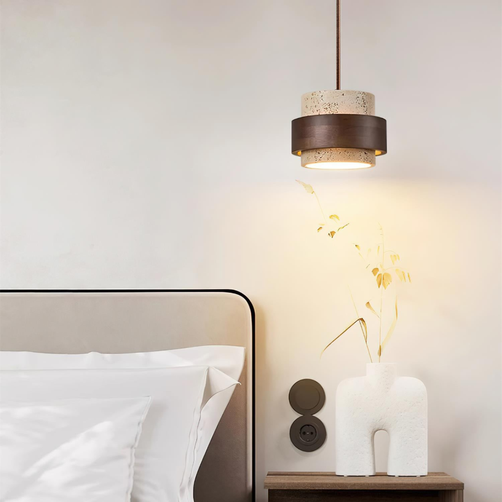 TerraLume – Lampadario Japandi in Travertino e Noce