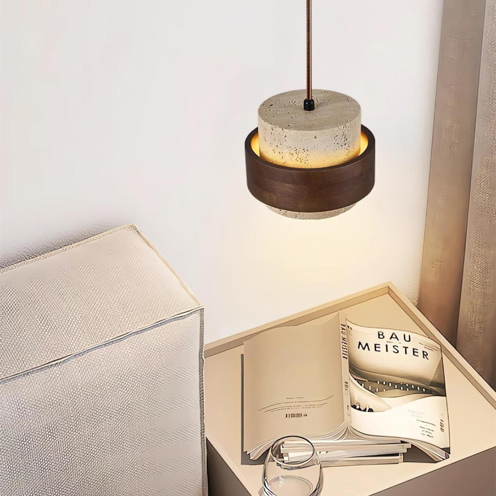 TerraLume – Lampadario Japandi in Travertino e Noce