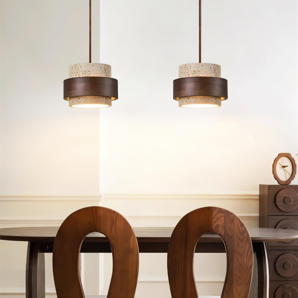 TerraLume – Lampadario Japandi in Travertino e Noce