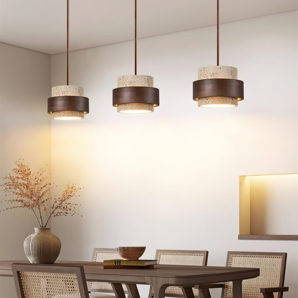TerraLume – Lampadario Japandi in Travertino e Noce