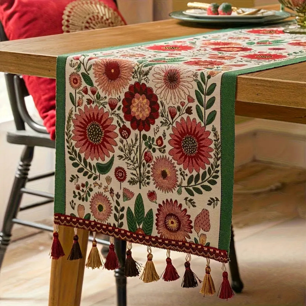 Runner da Tavola Ricamato con Frange Floreali