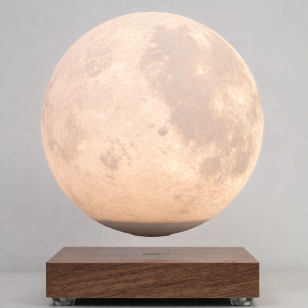 Lampada a forma di luna galleggiante su base di legno