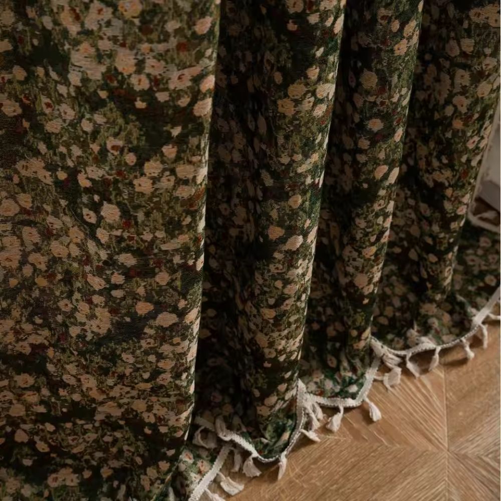 Tenda in velluto vintage francese con motivo floreale