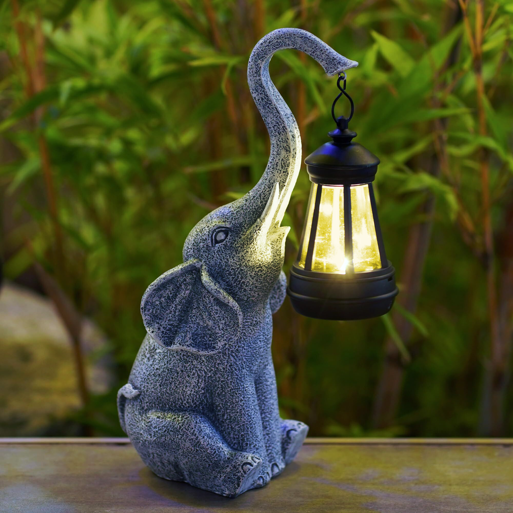 Lampada da Giardino Solare a Forma di Elefante con Effetto Pietra e Lanterna