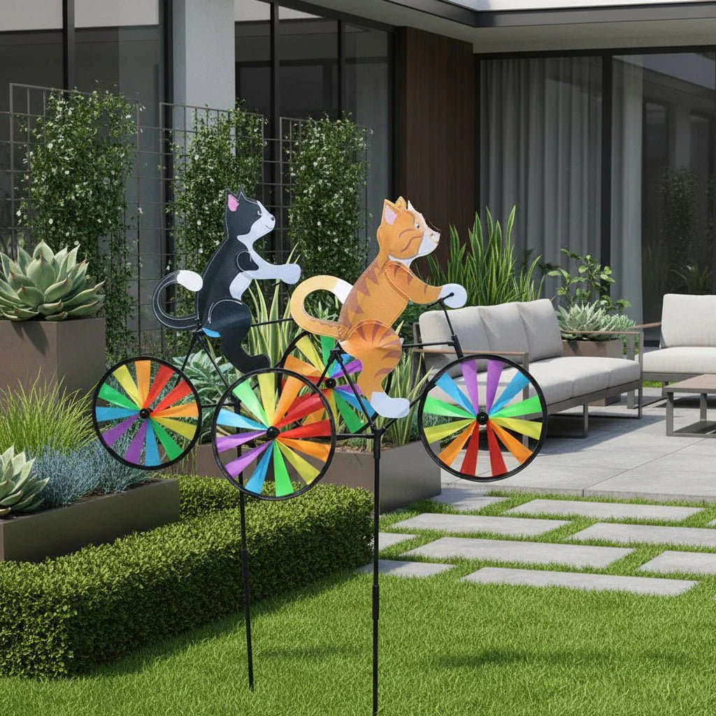 Decorazione da giardino | Mulino a vento gatto bicicletta | Figura dipinta a mano | Spinbloom
