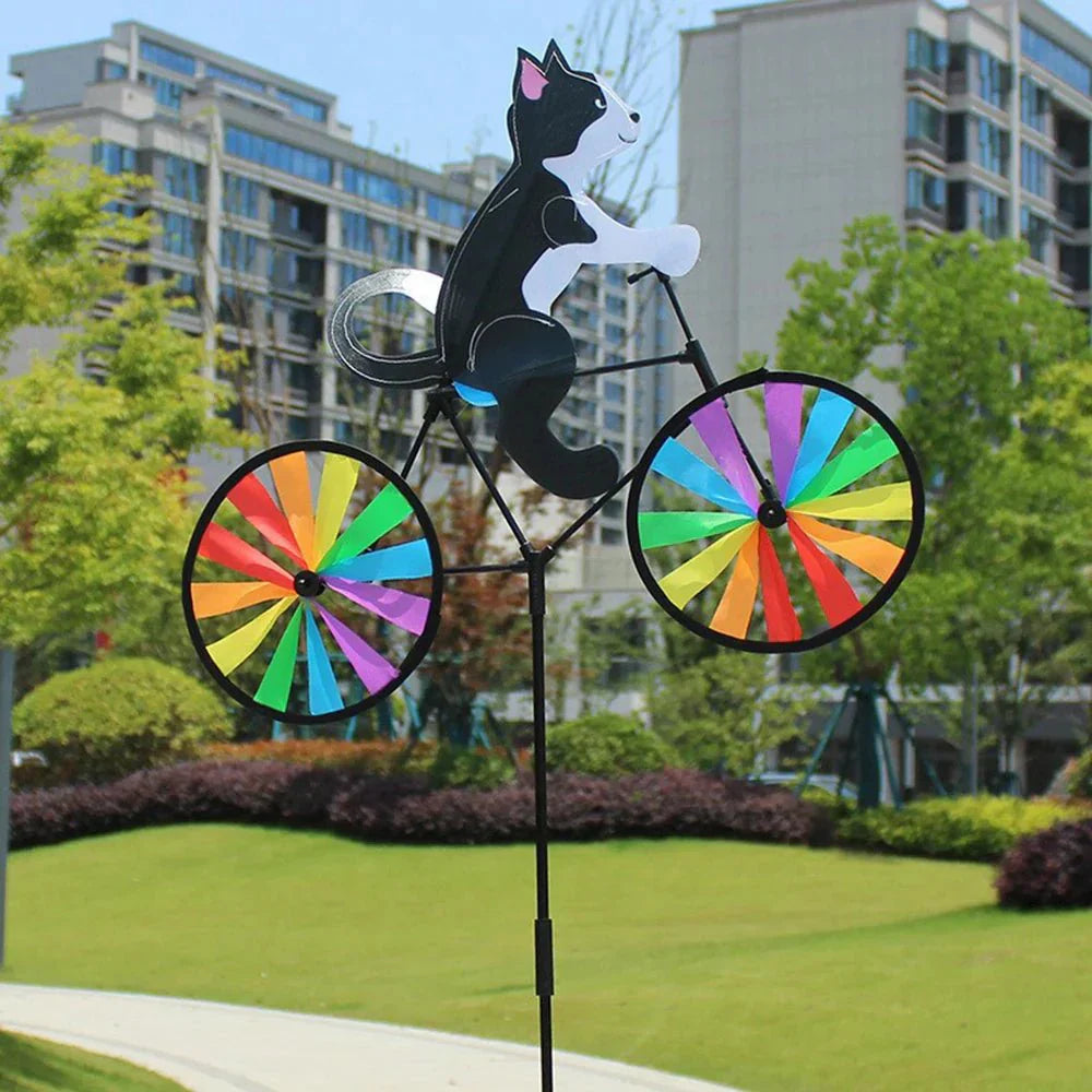Decorazione da giardino | Mulino a vento gatto bicicletta | Figura dipinta a mano | Spinbloom