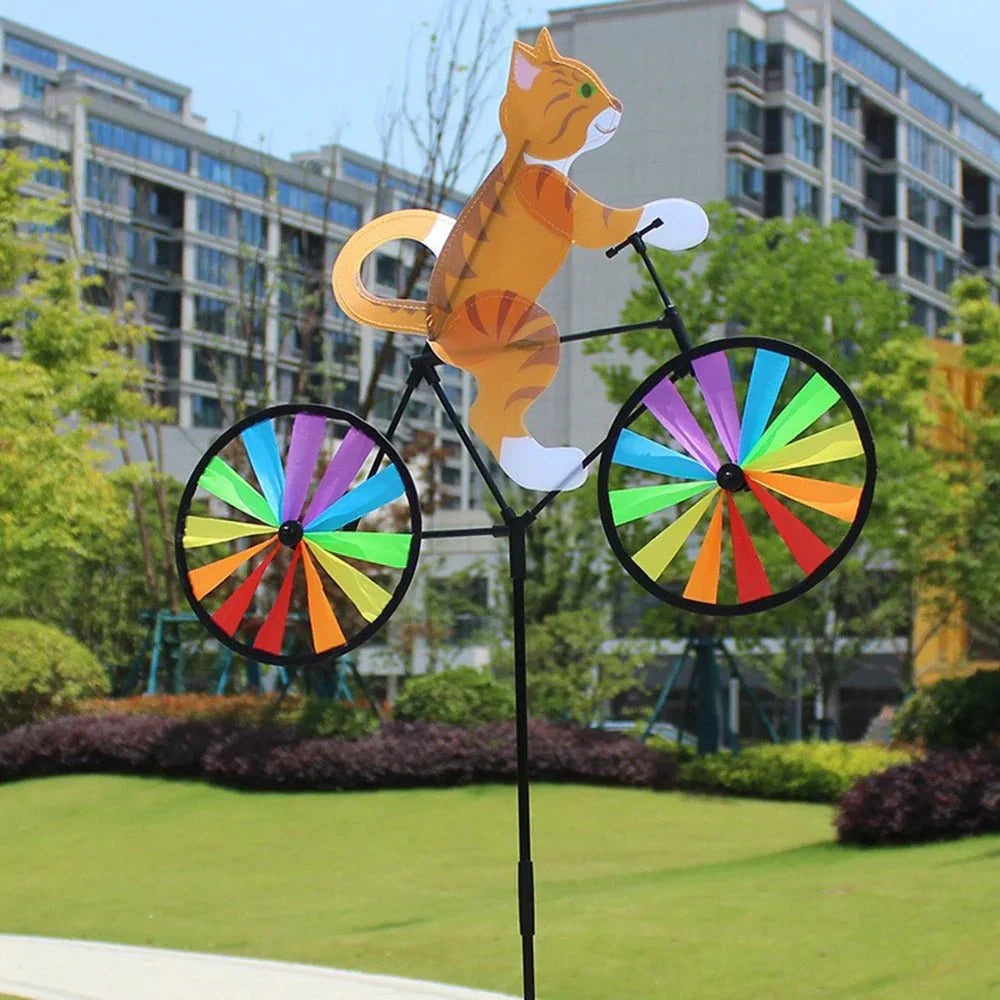 Decorazione da giardino | Mulino a vento gatto bicicletta | Figura dipinta a mano | Spinbloom