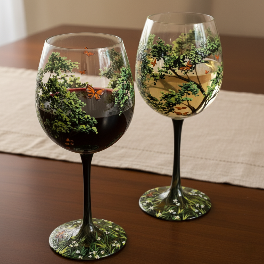 Bicchieri da Vino Albero delle Quattro Stagioni Dipinti a Mano Arte Unica