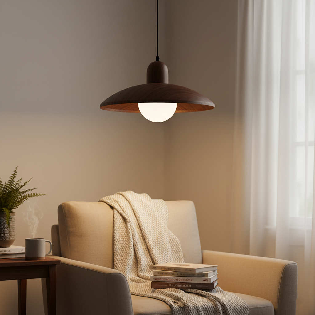 Nisellea | Lampada a sospensione Wabi-Sabi Japandi con finitura in noce e luce calda