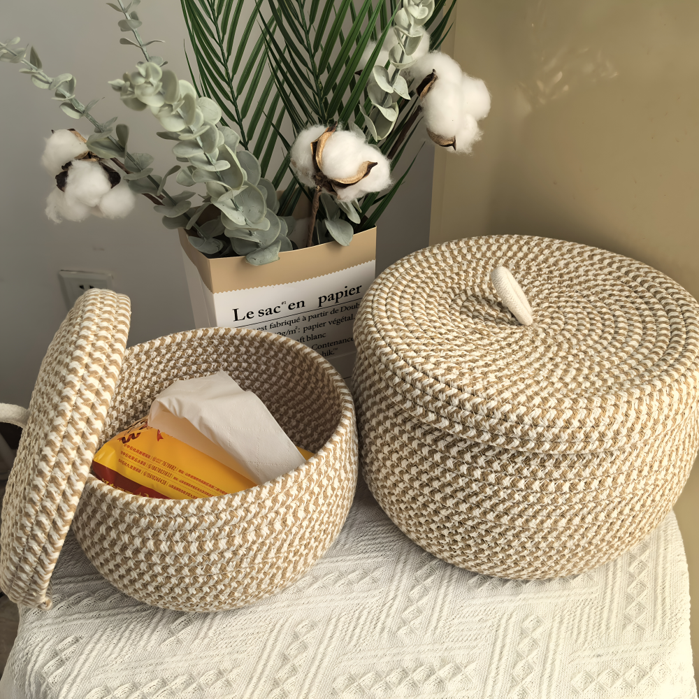 Cesto di stoccaggio intrecciato | Cesto di stoccaggio rotondo | Boho intrecciato a mano | CasaWeave
