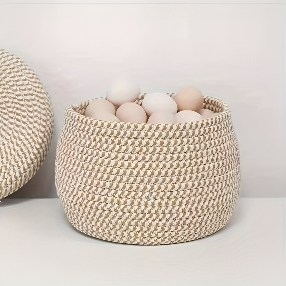 Cesto di stoccaggio intrecciato | Cesto di stoccaggio rotondo | Boho intrecciato a mano | CasaWeave
