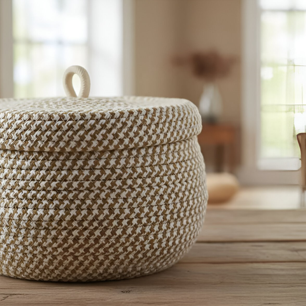 Cesto di stoccaggio intrecciato | Cesto di stoccaggio rotondo | Boho intrecciato a mano | CasaWeave