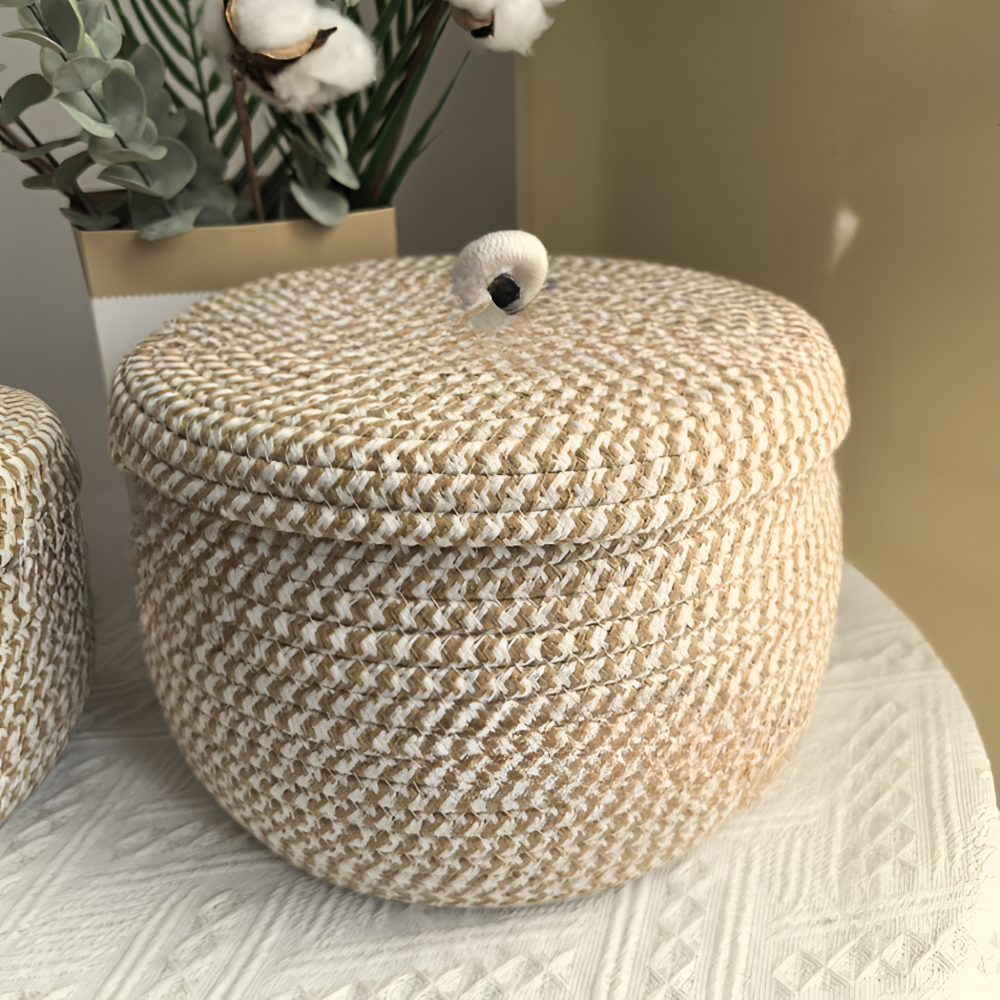 Cesto di stoccaggio intrecciato | Cesto di stoccaggio rotondo | Boho intrecciato a mano | CasaWeave