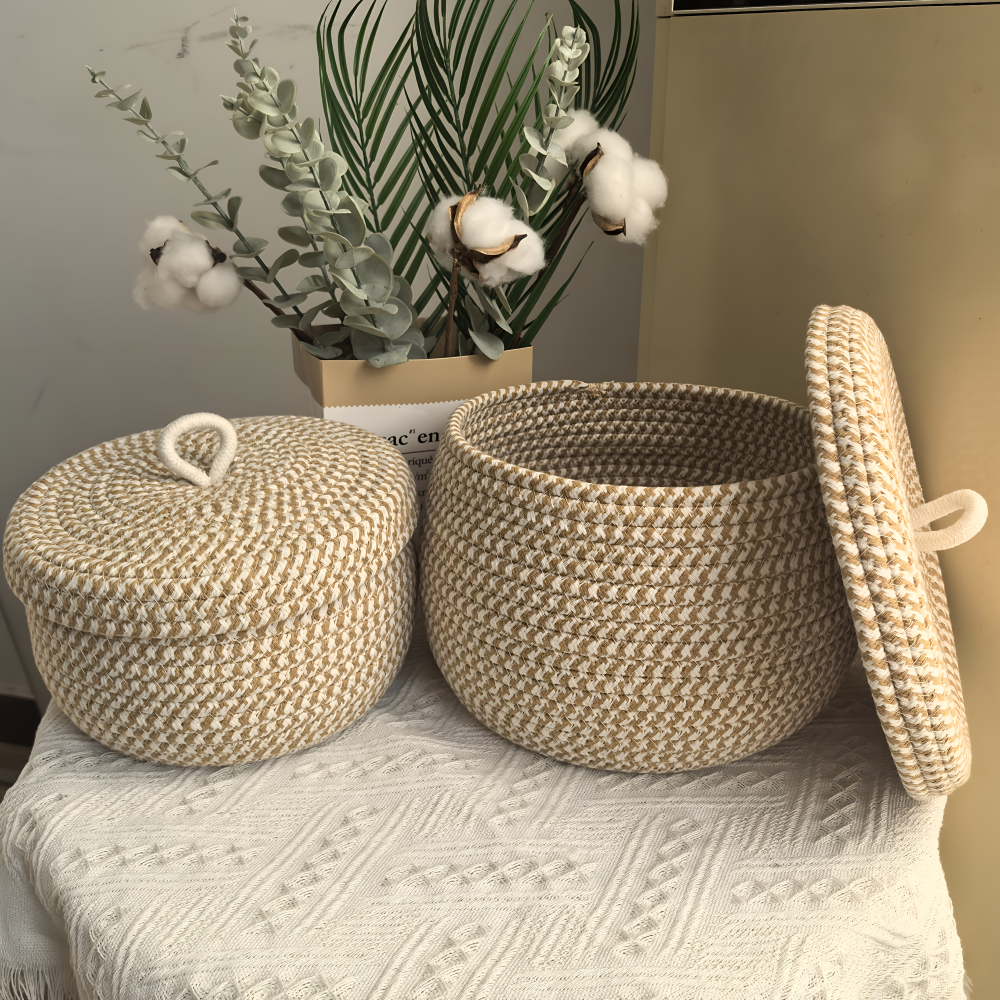 Cesto di stoccaggio intrecciato | Cesto di stoccaggio rotondo | Boho intrecciato a mano | CasaWeave