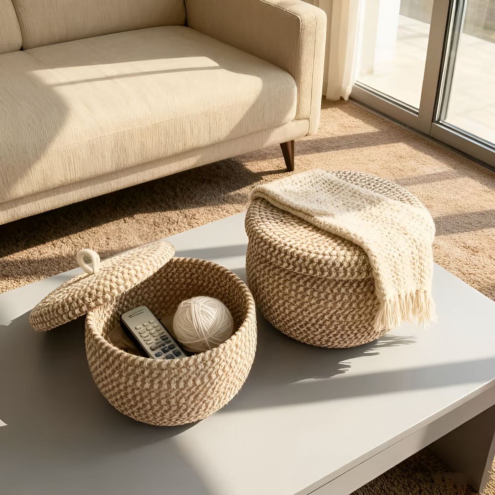 Cesto di stoccaggio intrecciato | Cesto di stoccaggio rotondo | Boho intrecciato a mano | CasaWeave