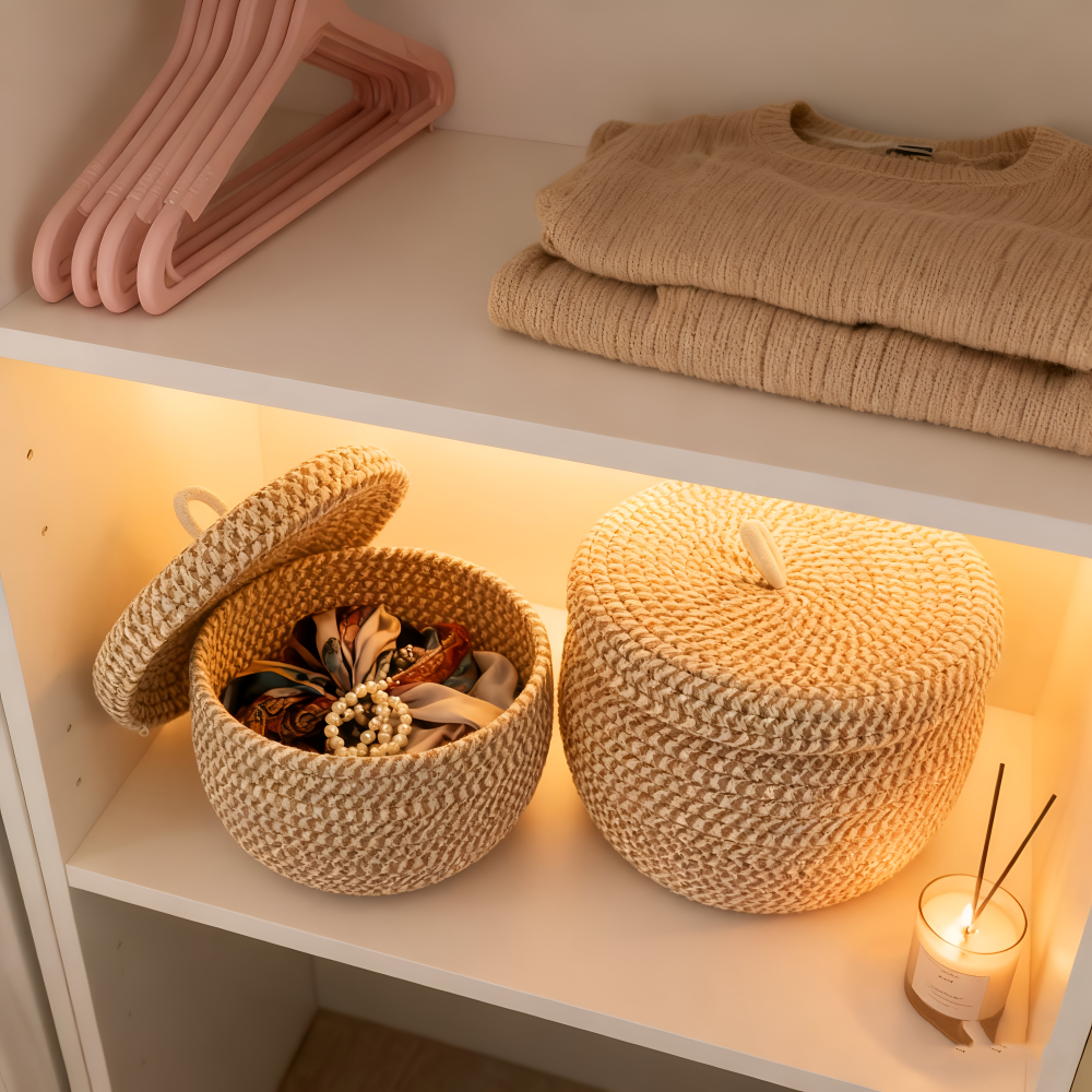 Cesto di stoccaggio intrecciato | Cesto di stoccaggio rotondo | Boho intrecciato a mano | CasaWeave
