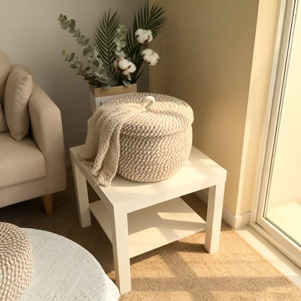 Cesto di stoccaggio intrecciato | Cesto di stoccaggio rotondo | Boho intrecciato a mano | CasaWeave