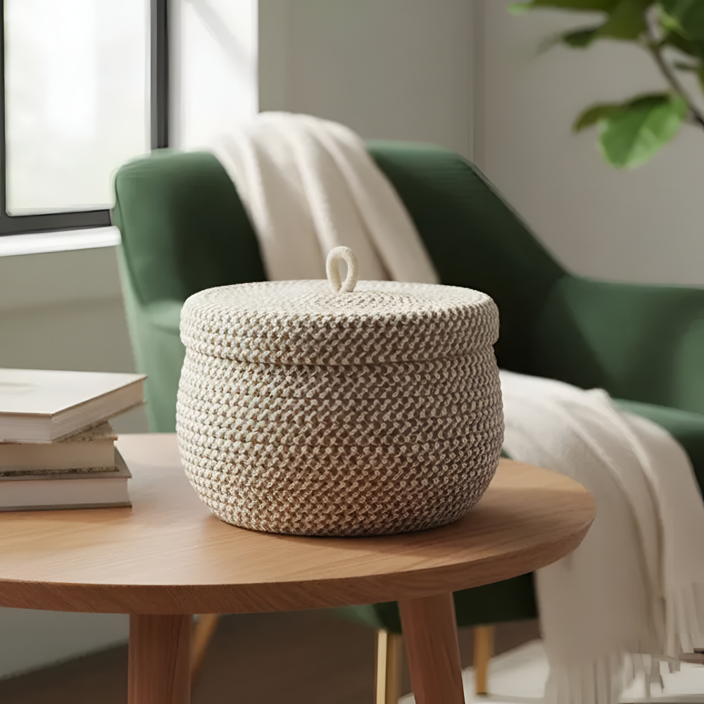 Cesto di stoccaggio intrecciato | Cesto di stoccaggio rotondo | Boho intrecciato a mano | CasaWeave