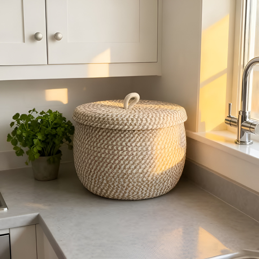 Cesto di stoccaggio intrecciato | Cesto di stoccaggio rotondo | Boho intrecciato a mano | CasaWeave