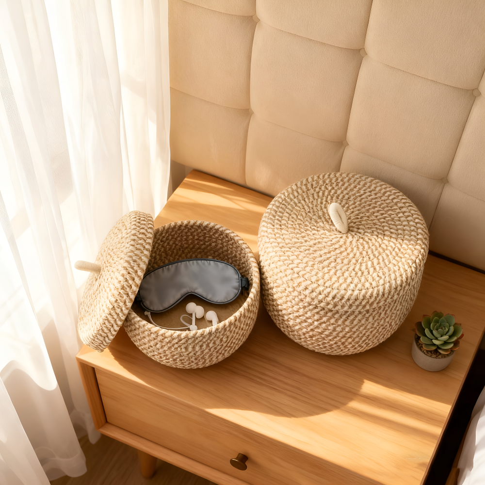 Cesto di stoccaggio intrecciato | Cesto di stoccaggio rotondo | Boho intrecciato a mano | CasaWeave
