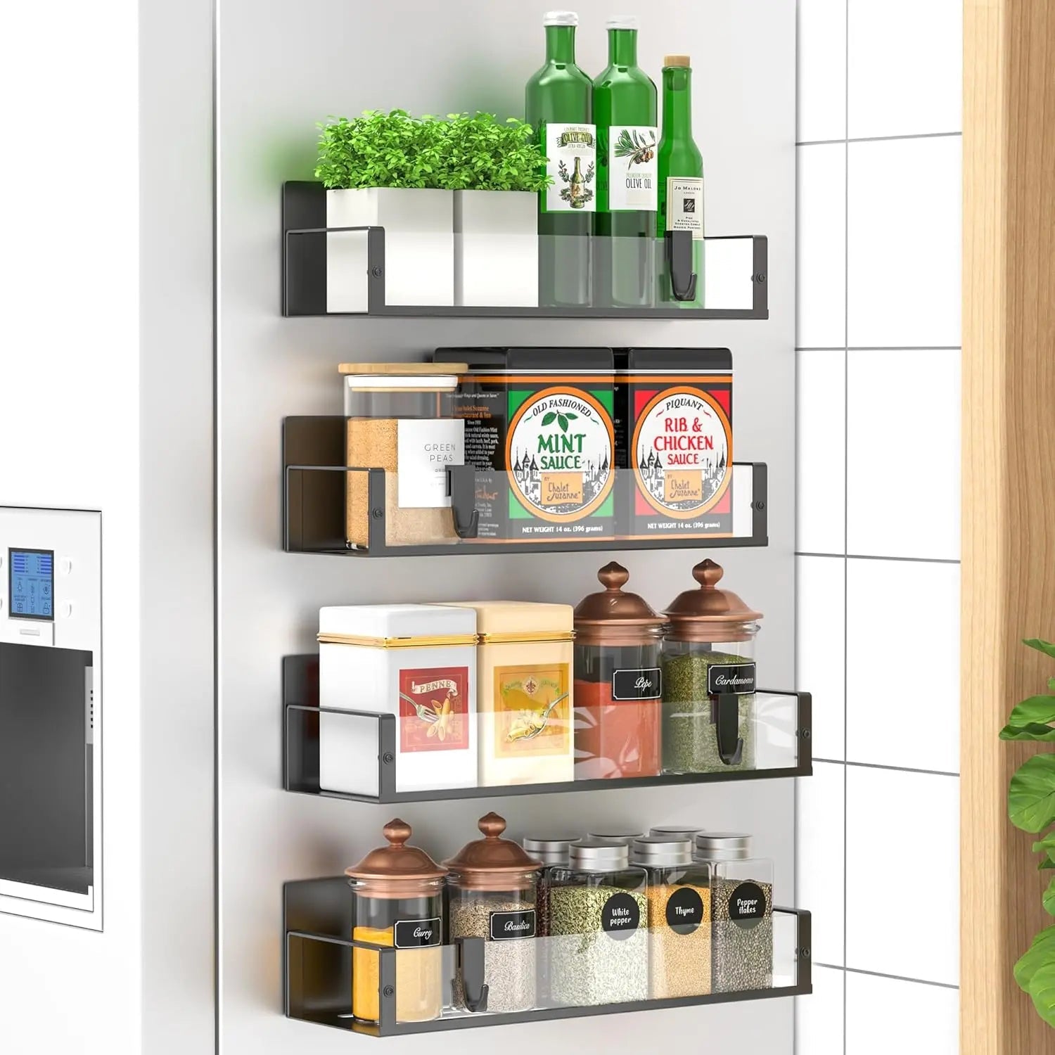 Mensola per spezie | 4 pezzi, Magnetica – Rivestita a polvere | Nessun trapano necessario | KitchenDock