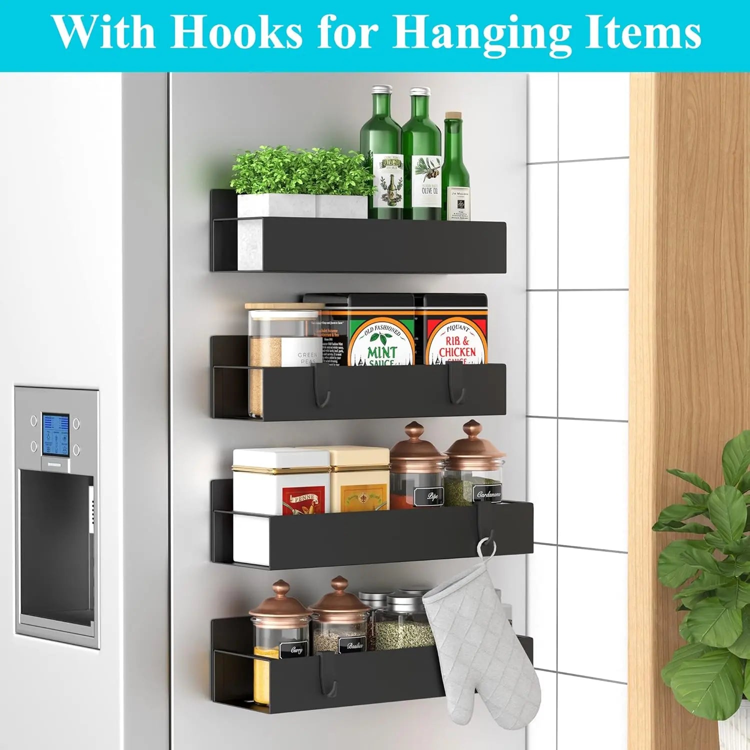 Mensola per spezie | 4 pezzi, Magnetica – Rivestita a polvere | Nessun trapano necessario | KitchenDock