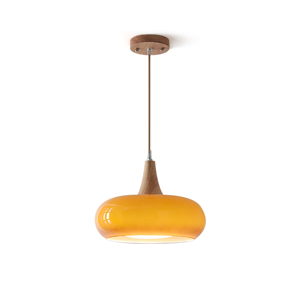 Elowara | Lampada a Sospensione in Vetro Ambra con Dettagli in Legno per Illuminazione Ambientale nella Sala da Pranzo