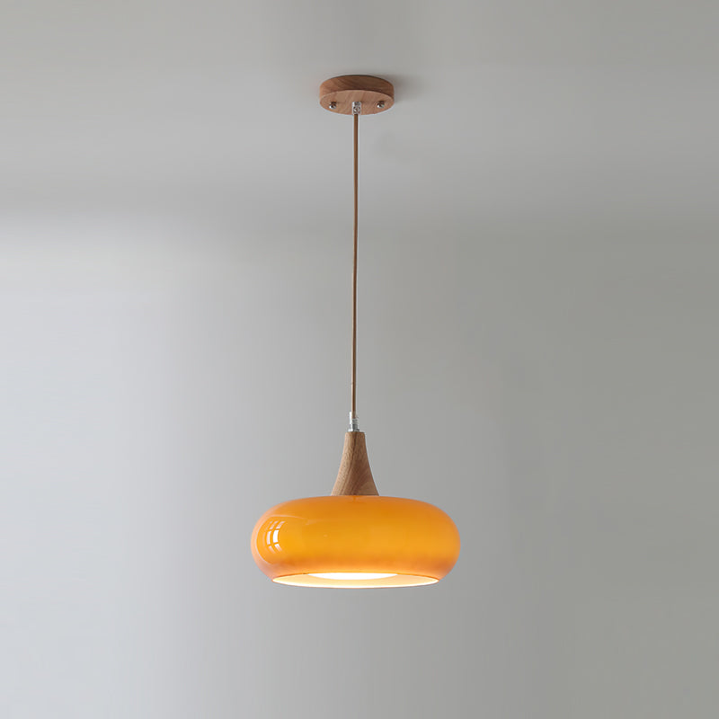 Elowara | Lampada a Sospensione in Vetro Ambra con Dettagli in Legno per Illuminazione Ambientale nella Sala da Pranzo