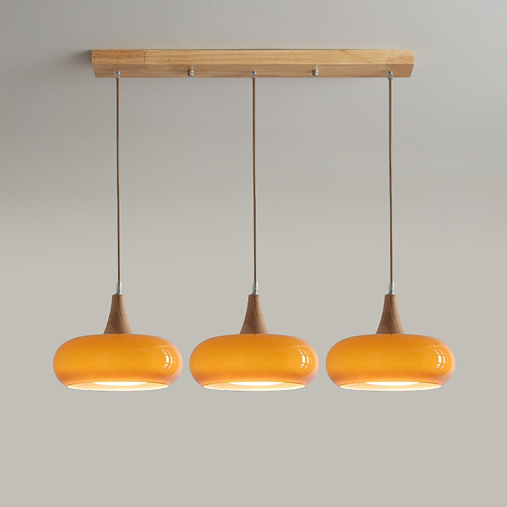Elowara | Lampada a Sospensione in Vetro Ambra con Dettagli in Legno per Illuminazione Ambientale nella Sala da Pranzo