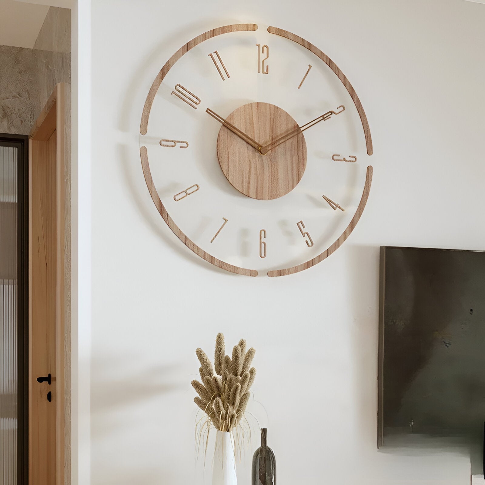 Orologio da Parete ClearWood Trasparente – Quarzo Silenzioso con Dettagli in Legno | Brehn
