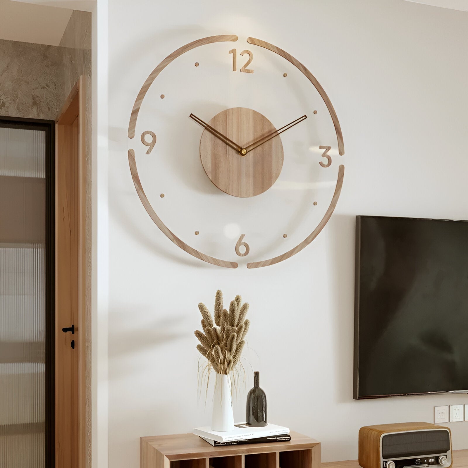 Orologio da Parete ClearWood Trasparente – Quarzo Silenzioso con Dettagli in Legno | Brehn