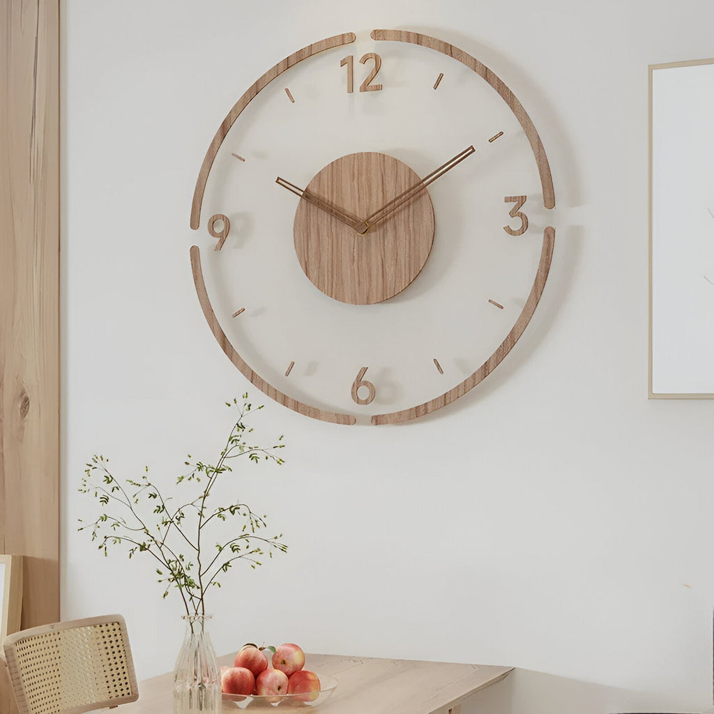 Orologio da Parete ClearWood Trasparente – Quarzo Silenzioso con Dettagli in Legno | Brehn