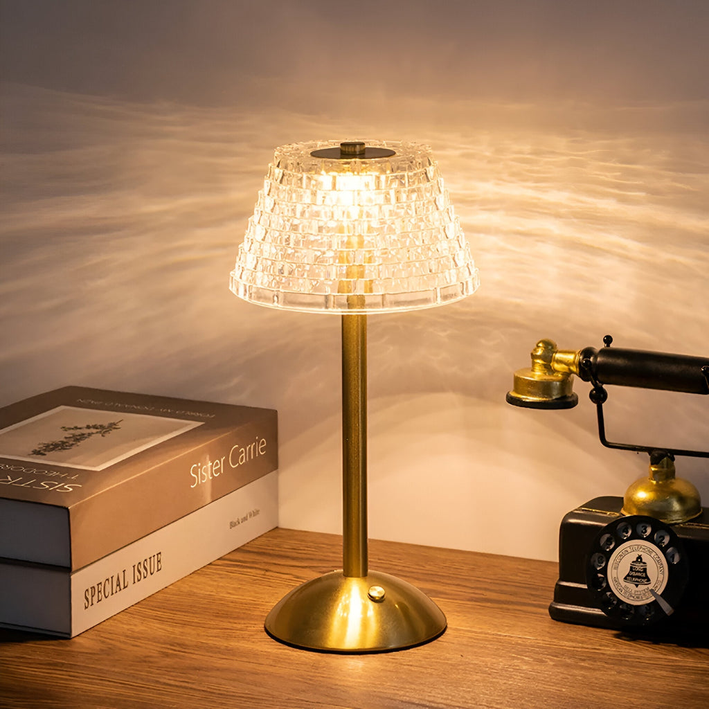 Lampada da Tavolo LED Senza Fili con Ombrello Trasparente Texturizzato e Supporto in Metallo