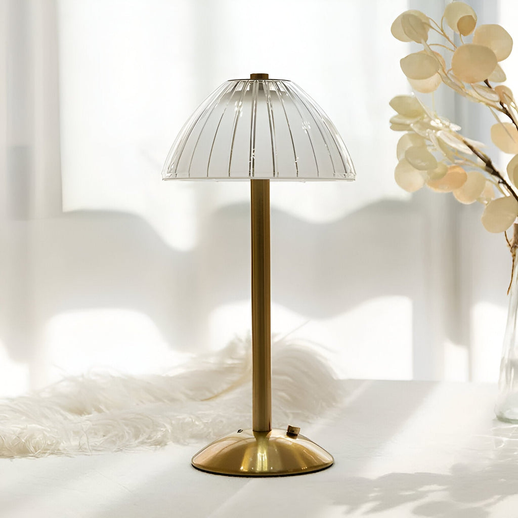 Lampada da Tavolo LED Senza Fili con Ombrello Trasparente Texturizzato e Supporto in Metallo