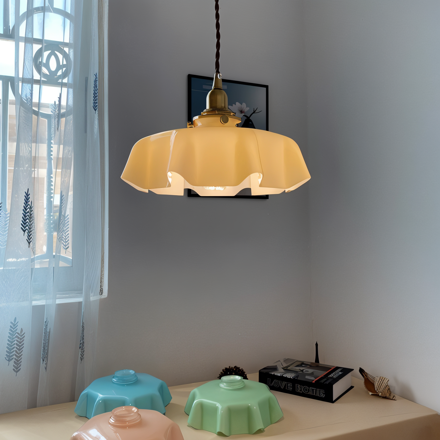 Bellevie – Lampada a Sospensione Retro a Forma di Fiore in Vetro Color Crema