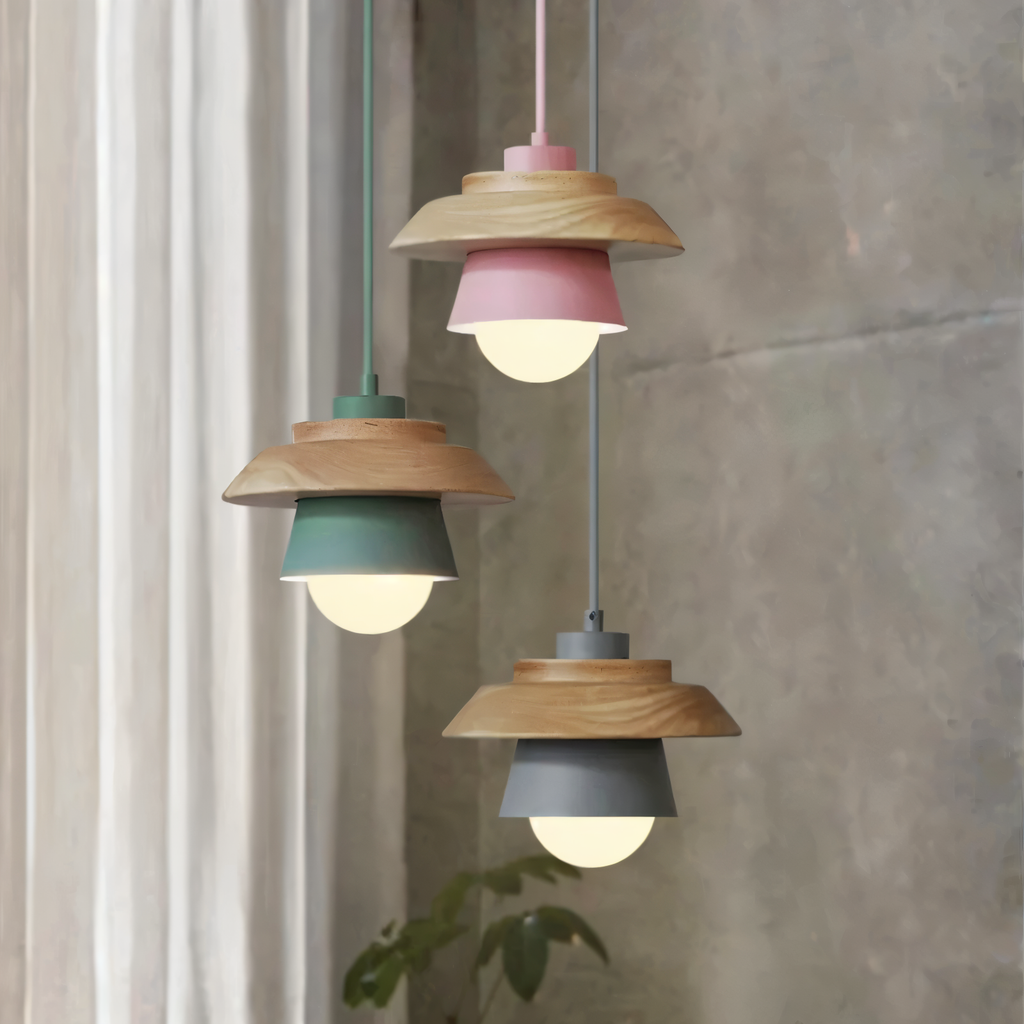 NordWood – Lampada a Sospensione Scandinava in Legno e Metallo con Colori Macaron