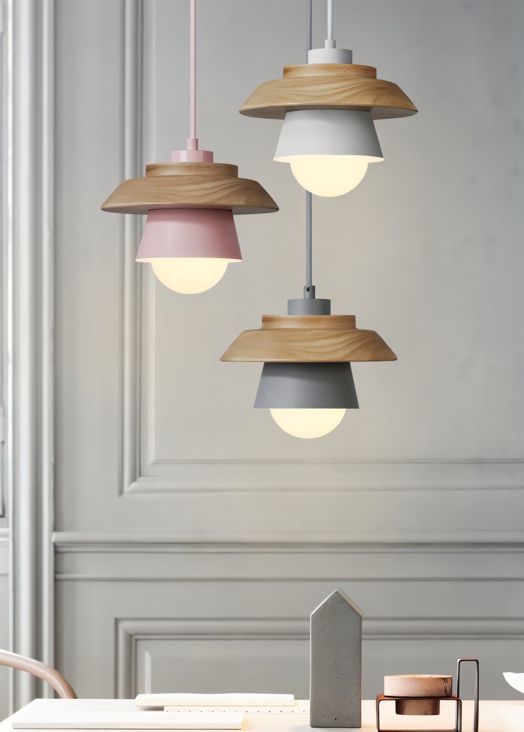 NordWood – Lampada a Sospensione Scandinava in Legno e Metallo con Colori Macaron