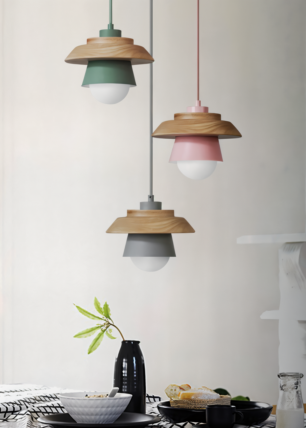 NordWood – Lampada a Sospensione Scandinava in Legno e Metallo con Colori Macaron