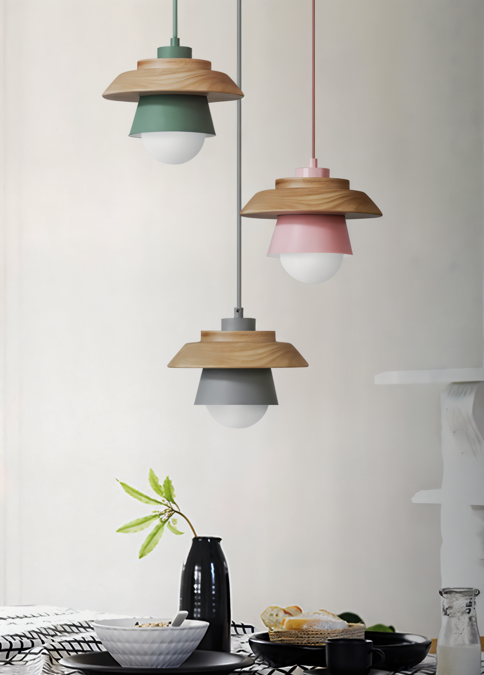NordWood – Lampada a Sospensione Scandinava in Legno e Metallo con Colori Macaron