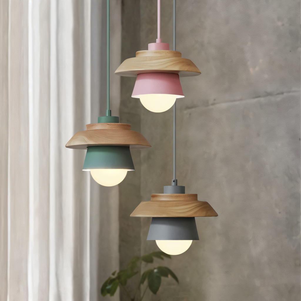 NordWood – Lampada a Sospensione Scandinava in Legno e Metallo con Colori Macaron