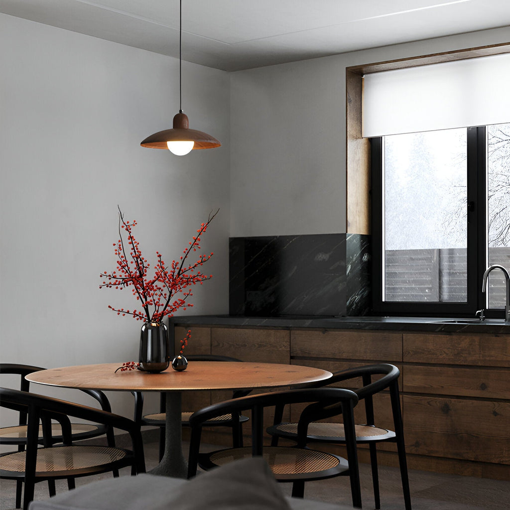 Nisellea | Lampada a sospensione Wabi-Sabi Japandi con finitura in noce e luce calda