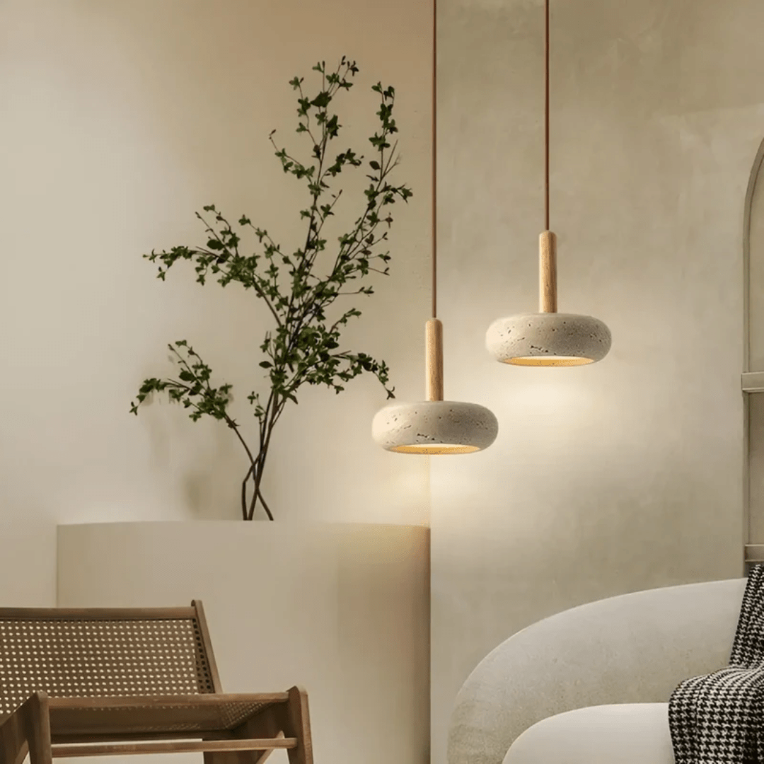 Lampada da soffitto retro LED realizzata in legno e pietra per un'atmosfera rilassante