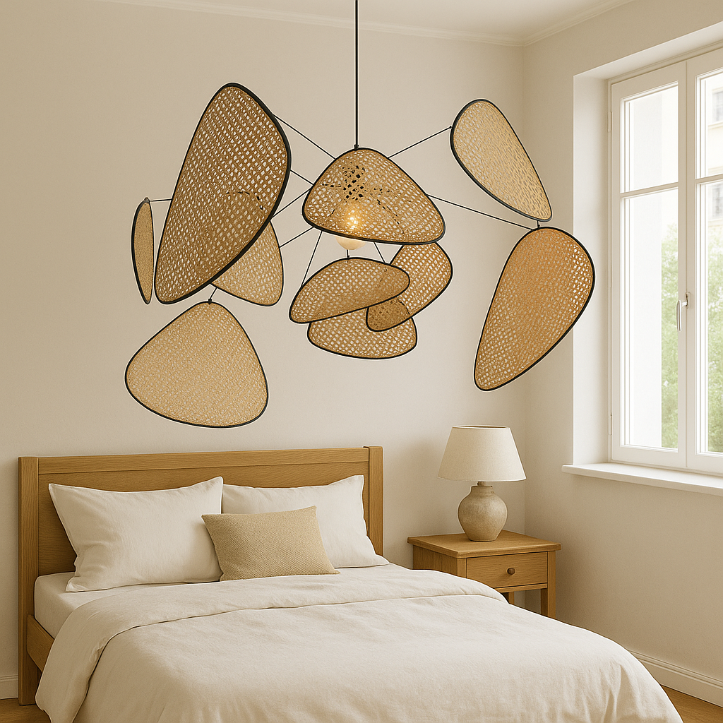 Lampada Pendente in Rattan per Soggiorno e Sala da Pranzo – Finitura Naturale, Lunghezza Regolabile, Luce Calda LED 3000K