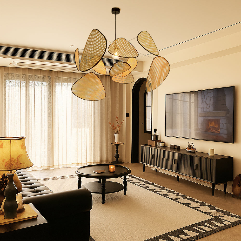 Lampada Pendente in Rattan per Soggiorno e Sala da Pranzo – Finitura Naturale, Lunghezza Regolabile, Luce Calda LED 3000K