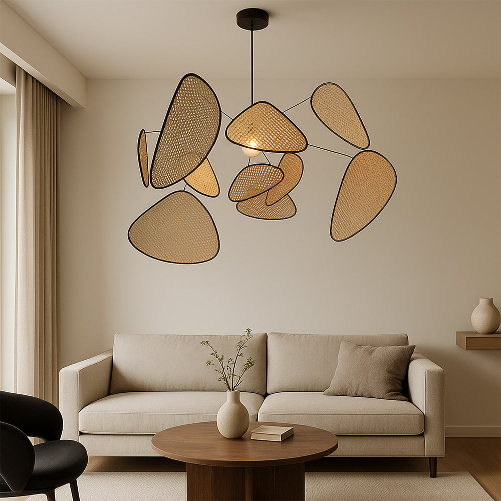 Lampada Pendente in Rattan per Soggiorno e Sala da Pranzo – Finitura Naturale, Lunghezza Regolabile, Luce Calda LED 3000K