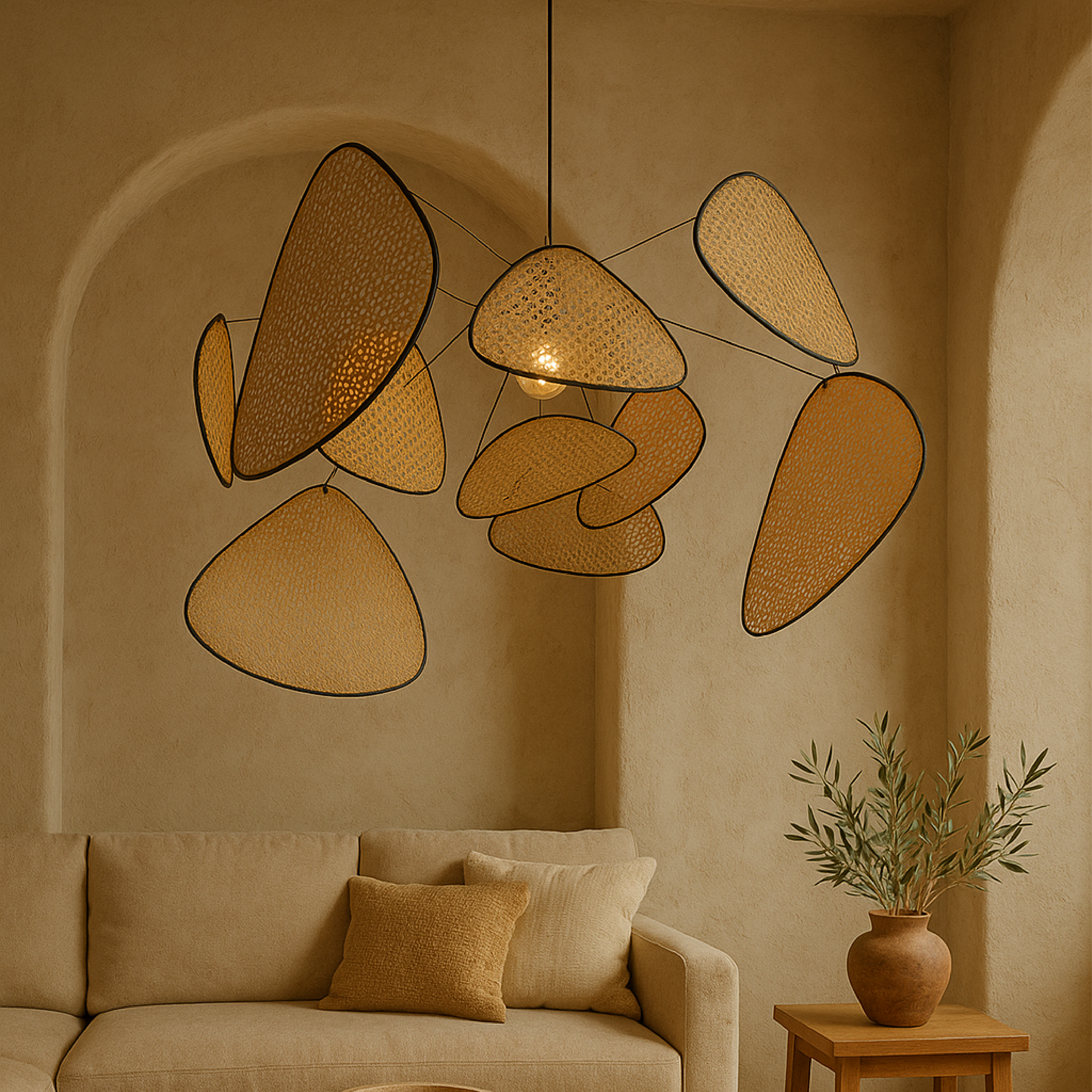Lampada Pendente in Rattan per Soggiorno e Sala da Pranzo – Finitura Naturale, Lunghezza Regolabile, Luce Calda LED 3000K