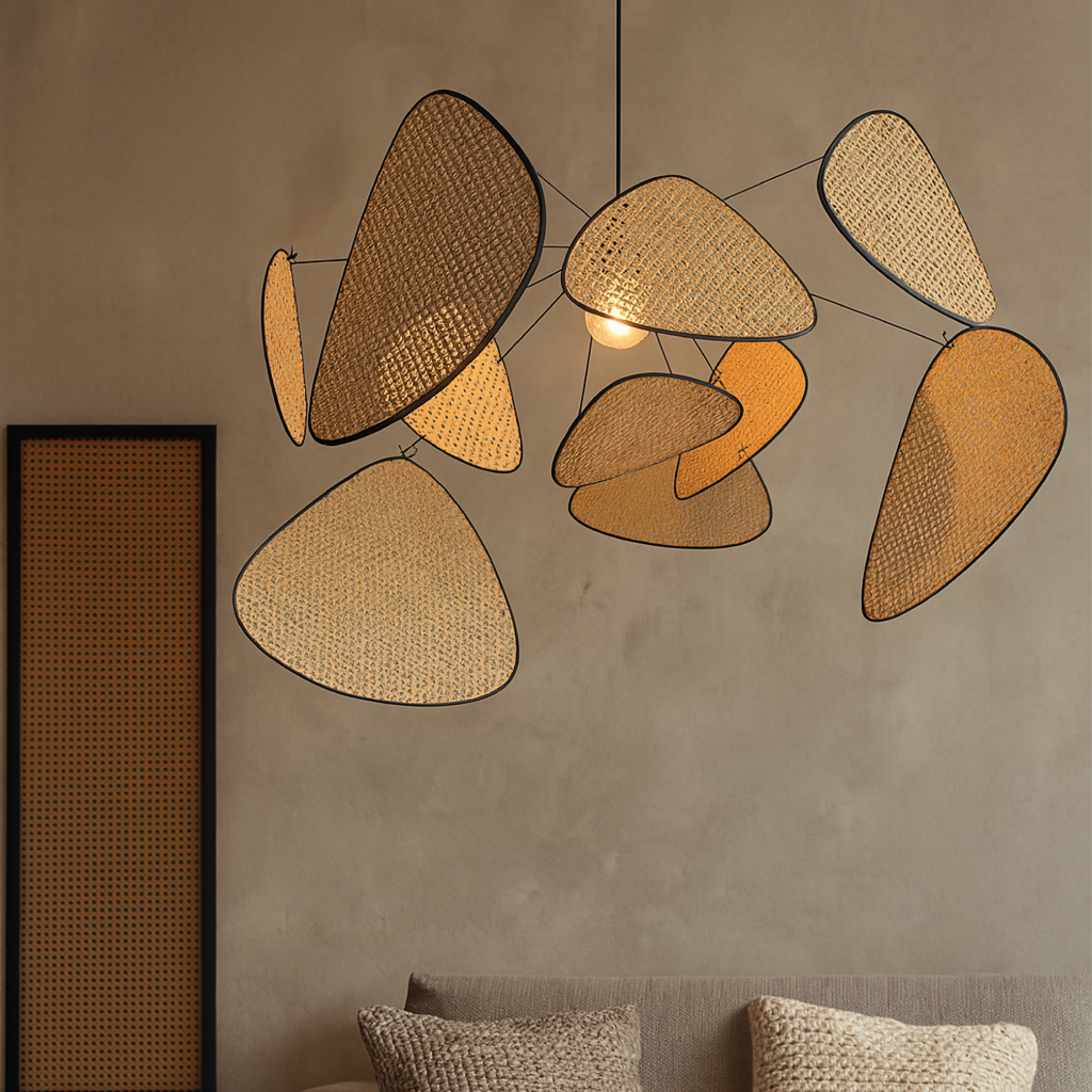 Lampada Pendente in Rattan per Soggiorno e Sala da Pranzo – Finitura Naturale, Lunghezza Regolabile, Luce Calda LED 3000K
