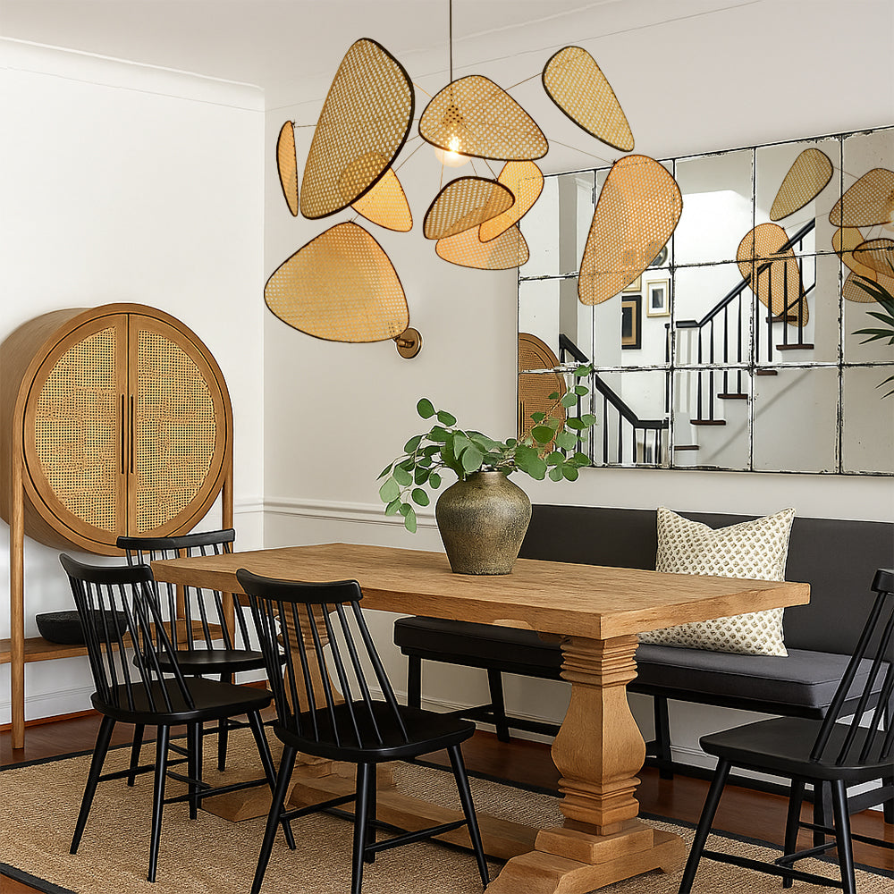 Lampada Pendente in Rattan per Soggiorno e Sala da Pranzo – Finitura Naturale, Lunghezza Regolabile, Luce Calda LED 3000K