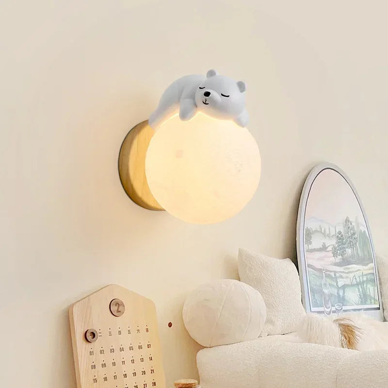 Lampada a forma di luna per la cameretta - Lampada da parete in legno con figura di orso